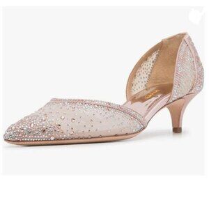 XYD Pale Pink Elegant Pointed Toe D'Orsay Kitten Heel Rhinestone Studs Pump